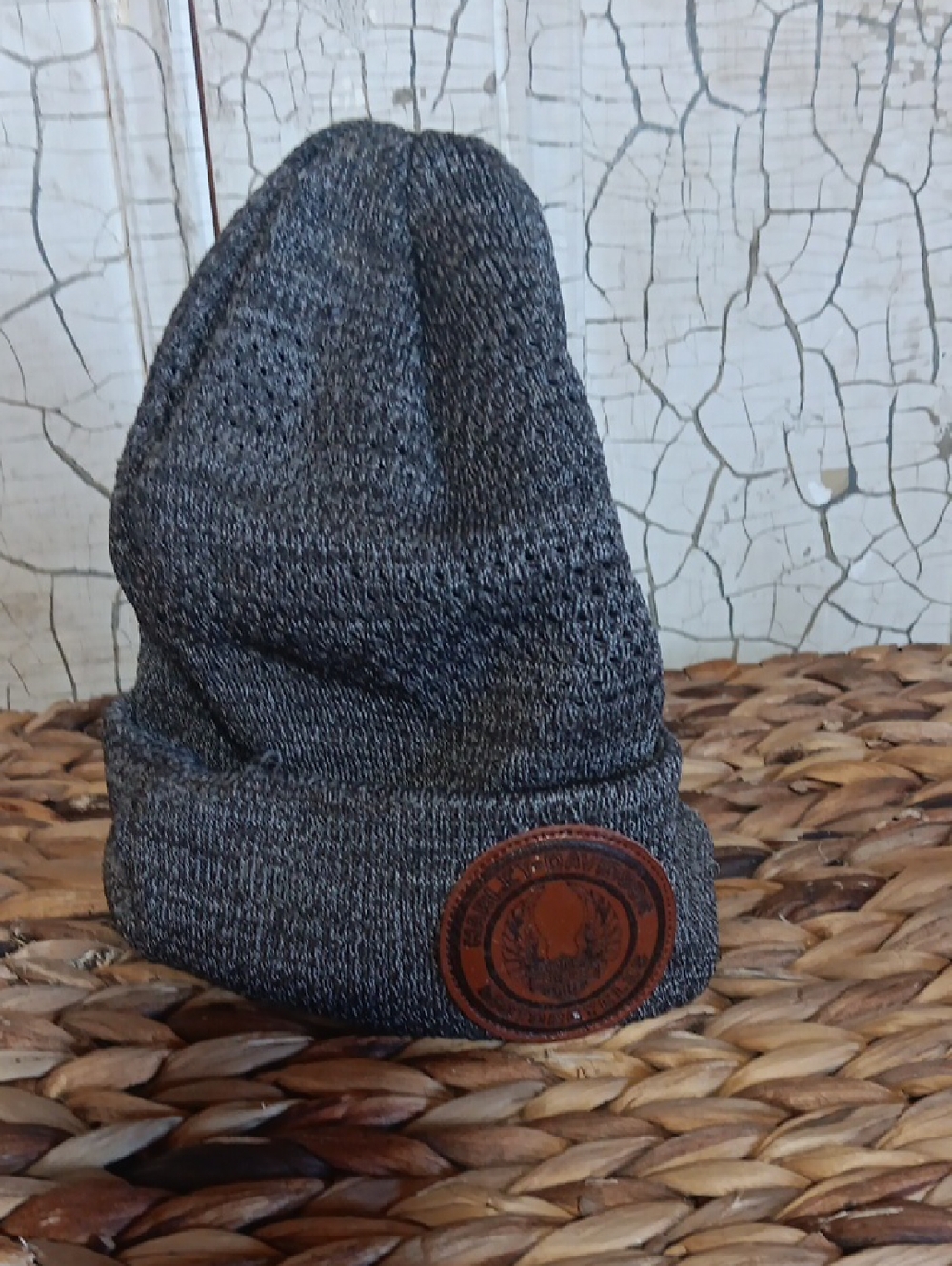 Harley-Davidson Gray Knit Beanie with Brown Leather Patch